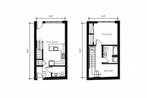 Floor plan for 1 bed, 1.5 baths, 895 sqft